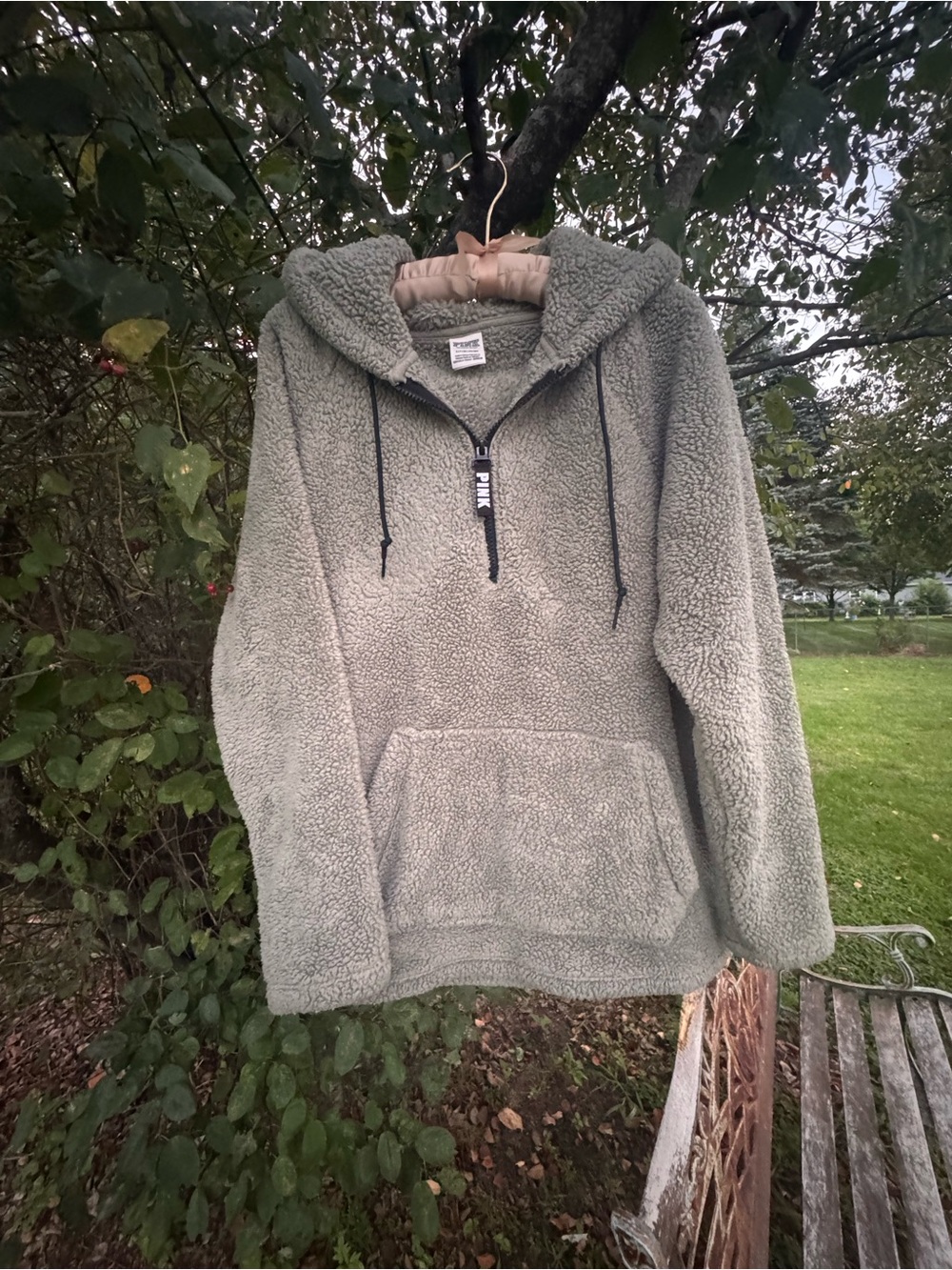 PINK Victoria's Secret Sage Khaki Gray Sherpa Half-Zip Hoodie